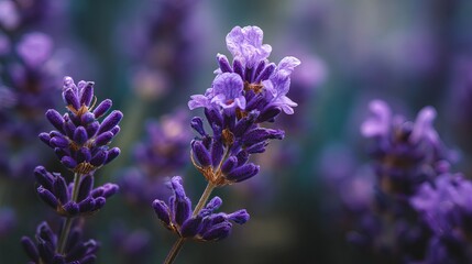 Fototapeta premium Closeup of vibrant purple lavender flowers blooming in a field a beautiful summer day herb plant