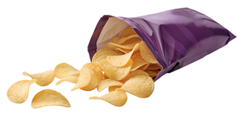 Crispy potato chips spilling from purple bag on transparent background