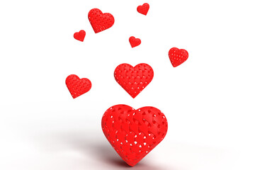 Red 3d woven hearts floating on white background representing love and romance