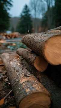 Stack of cut logs in a woodland environment with blurred background, displaying freshly harvested tree trunks piled together, selective focus