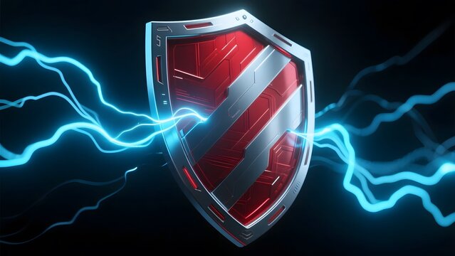 A futuristic shield with red and silver design surrounded by electric blue lightning effects on dark background