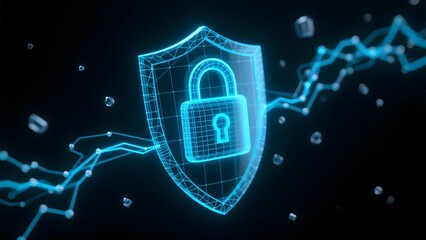 A glowing blue wireframe shield with a padlock on a dark background with glowing lines and shapes
