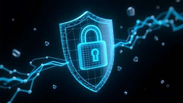 A glowing blue wireframe shield with a padlock on a dark background with glowing lines and shapes
