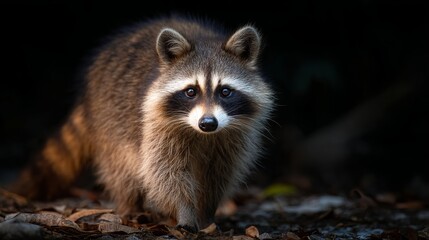 Obraz premium Closeup portrait of a curious raccoon at night in dark forest fur eyes cute wild grey mask face black