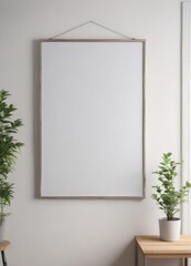 Clean white wall, hanging poster mockup, home setting,  frame,  space