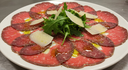 Obraz premium Delicious Beef Carpaccio Dish Garnished With Arugula and Parmesan Flakes