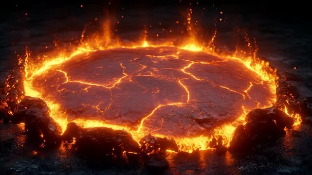 Magma pool glows ominously in volcanic landscape at night with bubbling lava