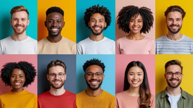 Smiling face animation in group portrait with expressive emotion and digital grid background in seamless 4k loop render