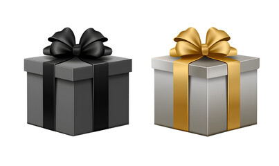 Two realistic gift boxes with ribbons, isolated on a transparent background, in a cutout PNG file. Front view, with black and gold color