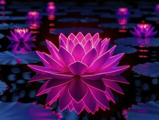 Neon Lotus Flower Reflecting in Dark Water

