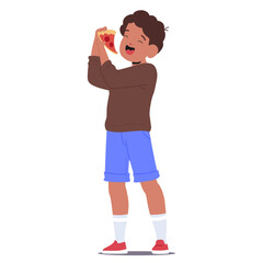 Cute boy child cartoon character showcasing taste sense eating delicious pizza isolated on white