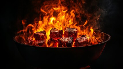 Fiery embers glowing in a dark charcoal grill bowl hot red bbq fire heat food flame smoke light night