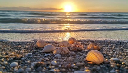 Seashells on a sandy beach at sunset.  Golden light bathes the shore with  ocean waves
