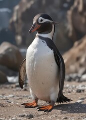 Fototapeta premium Humboldt penguin preening feathers on rocky beach , aquatic bird, beach