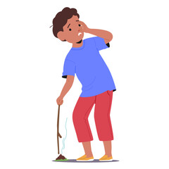 Little boy child cartoon character demonstrating smell human sense picking at poop with stick