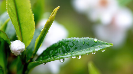 Fresh tea leaf with dew drops closeup
