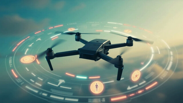 A drone flying in the sky equipped with a search and rescue interface, displaying a human tracking icon (person symbol with radar or target indicator) 