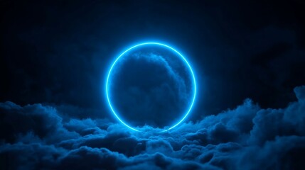 Fototapeta premium Glowing Neon Circle Floating Above Clouds in a Dark, Mysterious Sky