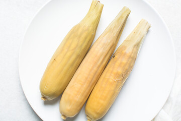 Overhead view of boiled cob of corn, top view of whole steamed corn on a white background