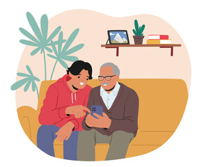 Teenage grandson helping grandfather to use mobile phone, make call and messaging cartoon scene