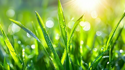 Fototapeta premium Lush Green Grass with Water Drops Under Sunlight