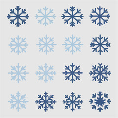 Snowflake variations icon collection. Snowflakes white ice crystal on white background. Winter symbol. Christmas logo sign.