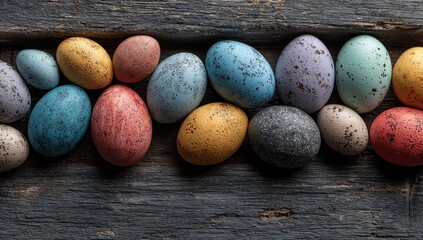 Obraz premium Pastel-colored eggs arranged on a rustic wooden surface. A festive spring or Easter scene.