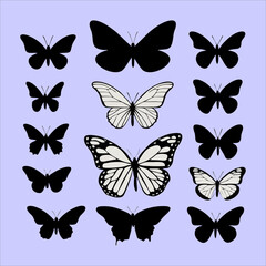 Silhouette of Flying Butterflies on a blue Background