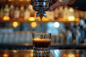 Barista Pulling Espresso Shot into Crystal Glass

