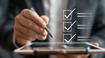 Businessman hand icon using iPad stylus to click on checkbox with floating icon. Businessman checking steps through document with checkbox list. Regulations, guidelines and policies concept. 