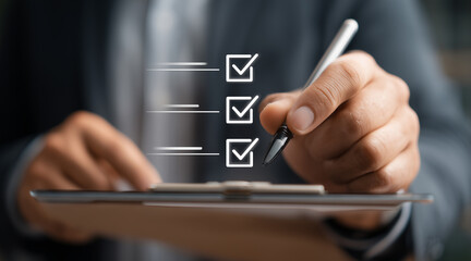 Businessman hand icon using iPad stylus to click on checkbox with floating icon. Businessman checking steps through document with checkbox list. Regulations, guidelines and policies concept. 