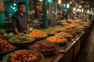 Fototapeta premium A vibrant street food stall showcasing an array of colorful dishes ready to tempt hungry custo