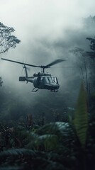 Fototapeta premium Helicopter flies through misty jungle canopy.