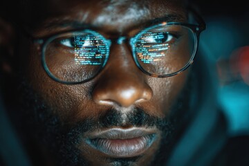 Close-up of a young Black man's face, his glasses reflecting lines of code.  Intense focus in low light.