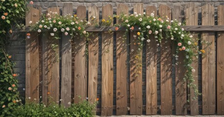 Naklejka premium Rustic weathered fence panel, entwined with flowering vines, vintage decorative elements , romantic, vine, ivy