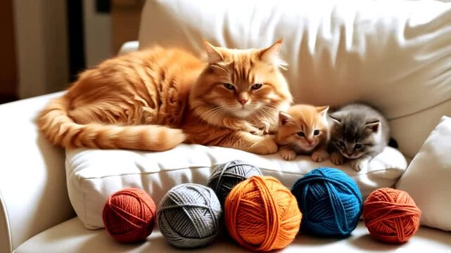 "Adorable Cat Family Playing with Colorful Yarn Balls on White Sofa &ndash; 4K Pets Footage"