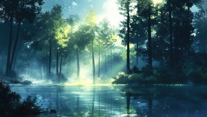 Obraz premium Sunlit forest edge, tranquil lake