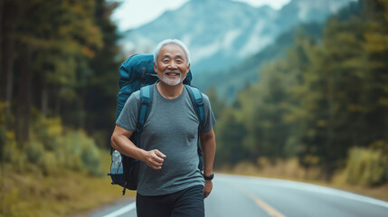 Fototapeta premium Smiling man hiking on forest road