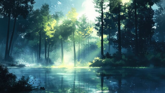 Sunlit forest edge, tranquil lake