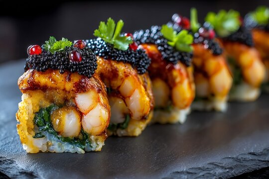 Exquisite sushi rolls, meticulously garnished and arranged on a dark surface, ready to enjoy.