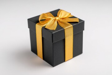 Obraz premium A beautifully wrapped black gift box with a gold ribbon and bow, ready for a special occasion.