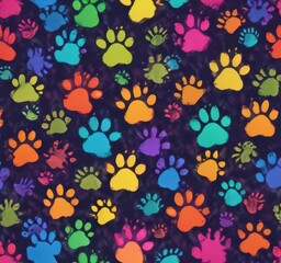 Fototapeta premium Vibrant rainbow paw prints, doodle style seamless pattern , cheerful, colorful, playful