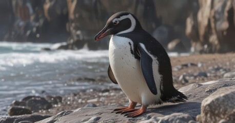 Obraz premium Humboldt penguin preening feathers on rocky shore, waddling, spheniscus humboldti, aquatic