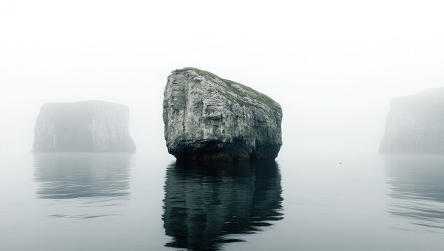 Fog-shrouded rock formation in calm water.  Solitary, large, gray rock island,  reflecting in glassy water.  Misty, ethereal atmosphere