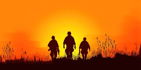 Naklejka premium soldiers at sunset - a squadron of military personnel walking outdoors to patrol the open landscape at dusk, 