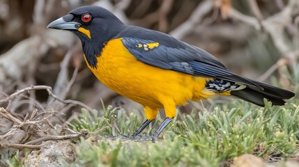 Fototapeta premium Vibrant Yellow and Black Bird Perched on Rocks Stunning Wildlife Photography