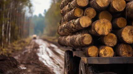 Stacked Logs on Logging Truck Transporting Timber on a Muddy Road