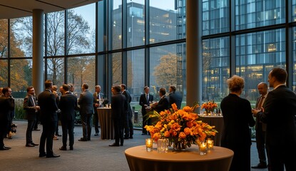 Business event in modern hall, overlooking city.  Large group of people socializing