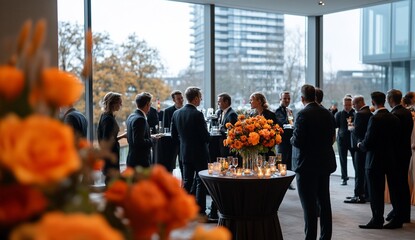 Business gathering in modern room with city view.  Attendees in formal attire socialize around tables