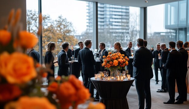 Business gathering in modern room with city view.  Attendees in formal attire socialize around tables